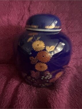 Japanese Cobalt Blue Ginger Jar with Lid Floral Design - Vintage